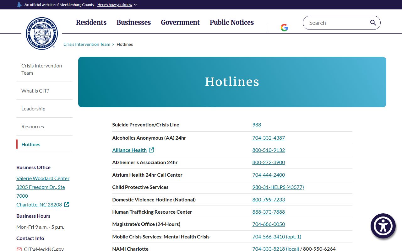 Mecklenburg County crisis hotline directory for Mint Hill phone code context