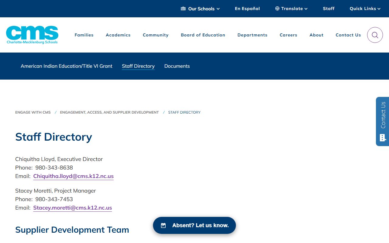 Mint Hill phone number CMS staff directory fields